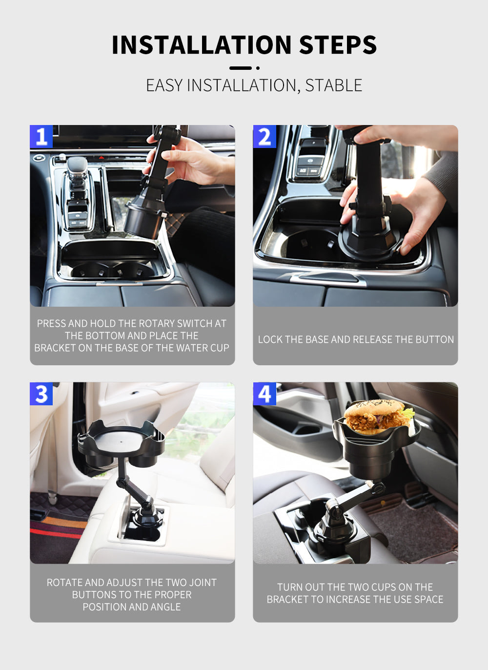 JEYODA Car Cup Holder Expander, Car Food Tray, 360° Rotation Detachable  Tray Table, Adjustable Base Car Food Tray, Car Drink Holder, Car Essentials